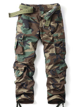 AKHIKING men's camo cargo pants front view with eight pockets for easy gear access.