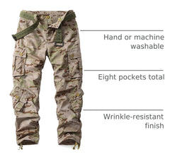 AKHIKING men's camo cargo pants back pockets emphasizing deep storage.
