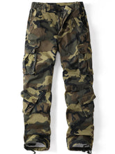 AKHIKING women's cargo pants camouflage front view showing eight pockets for outdoor storage.