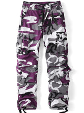 AKHIKING women's cargo pants purple front view highlights eight-pocket layout for practical storage