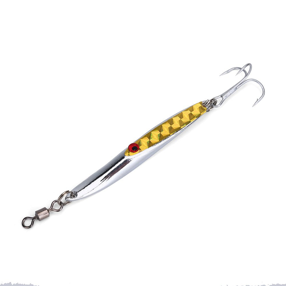 Akozon metal jig 50g yellow close-up showing reflective surface for bass lure attraction