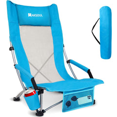 AKSOUL high-back low beach chair folded for compact transport.