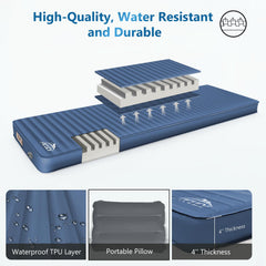 AKUDY 4-inch thick sleeping pad with pillow offers elevated comfort on uneven ground.