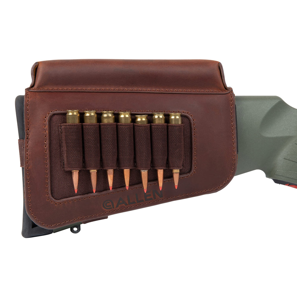 Allen Company Westcliff leather buttstock cartridge carrier on a rifle buttstock