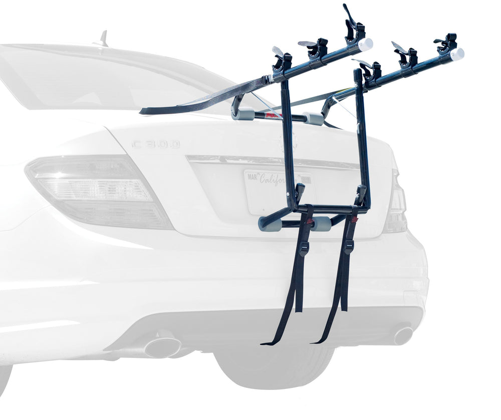 Allen Deluxe 3-Bike Trunk Mount Rack in use on a sedan for family trips.