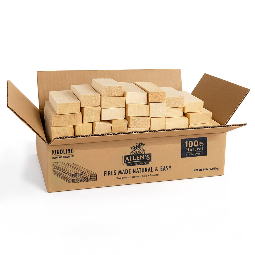 Allens natural kindling wood 8lb box ready for quick, clean fires.
