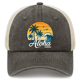 Aloha Hawaii Sun Hats garde cap front view shows adjustable fit and tropical graphic