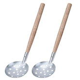 Alomejor ice fishing scoop with wooden handle for secure grip in cold conditions.