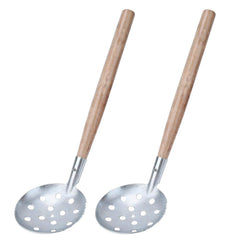 Alomejor ice fishing scoop with wooden handle for secure grip in cold conditions.