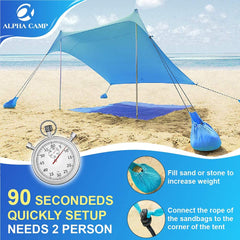 ALPHA CAMP sandbag anchors setup showing stable wind resistance at beach