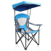 ALPHA CAMP mesh canopy chair in royal blue provides shade and comfort.