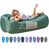 AlphaBeing inflatable lounger on the beach scene for quick relaxation and portability.