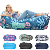 AlphaBeing inflatable-lounger-coral-navy-2p offers cozy outdoor relaxation for two people.
