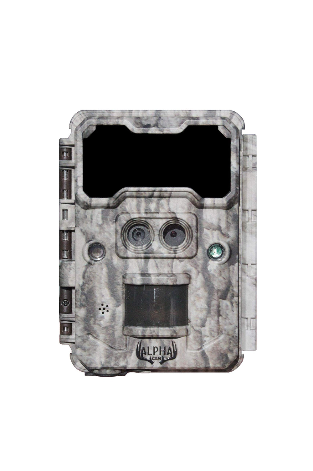 ALPHA CAM No Glow dual-lens front view demonstrates clear day and night wildlife footage for scouting