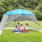 ALPHA CAMP 13x9 screen tent front-angle showing spacious shade and setup ease