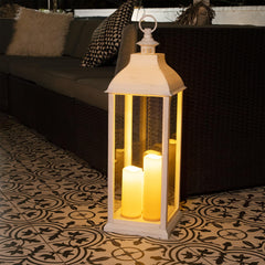 Alpine lantern's durable plastic and glass construction for outdoor use