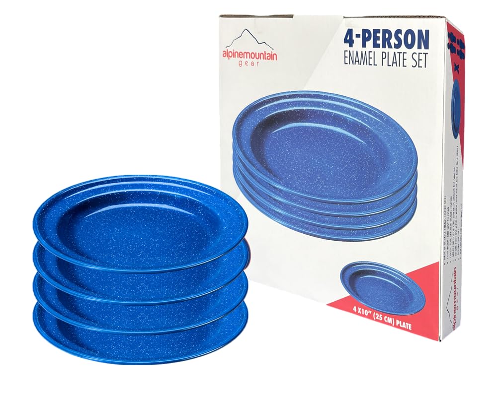 Alpine Mountain Gear enamel 10-inch plate pack; durable, lightweight camping dinnerware.