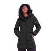 Alpine North women's vegan down parka front view with cinched waist for flattering, warm winter wear.