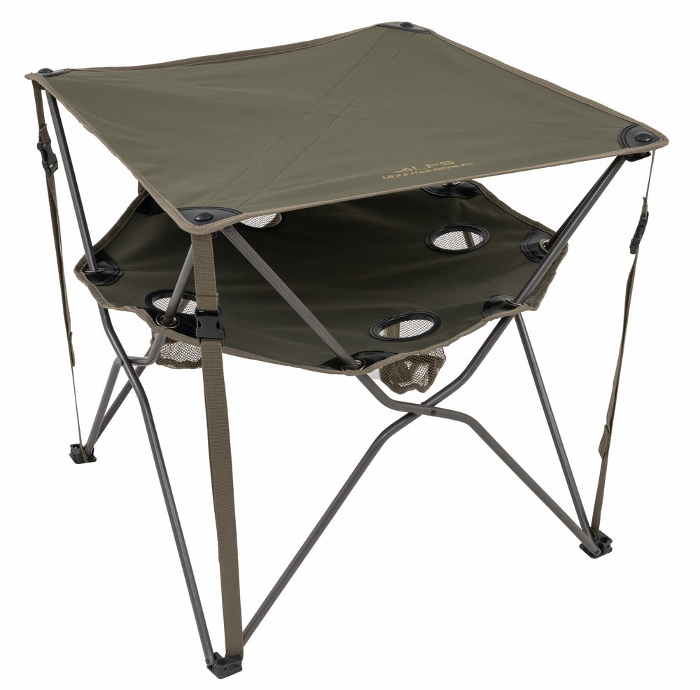 ALPS Eclipse Table clay top view demonstrates a two-tier setup for meals and drinks