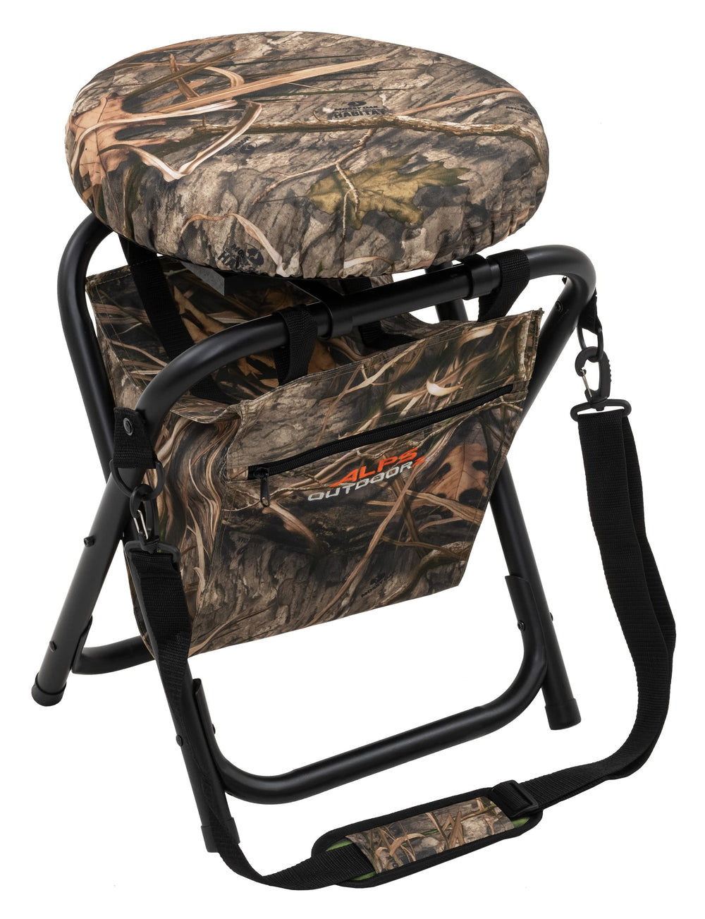 ALPS OutdoorZ Horizon swivel-stool shown in Mossy Oak Shadow Grass Habitat with 360-degree rotation for field viewing