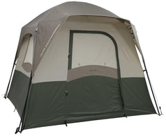 ALPS Mountaineering Wildwood 4P tent front door, easy entry and rain protection.