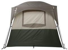 Rainfly awning on ALPS Wildwood 4P tent shielding doorway while allowing airflow.