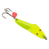 Al's Goldfish Lure Co Forty Niner profile shot highlights chartreuse lure for steady casting.