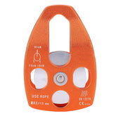 Alvinlite climbing pulley with orange side plate for smooth rope handling.