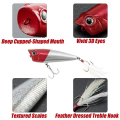 Feather-dressed triple hook with flash tinsel on Alwonder popper
