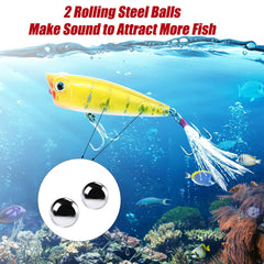 Lures displayed: top water poppers in storage box