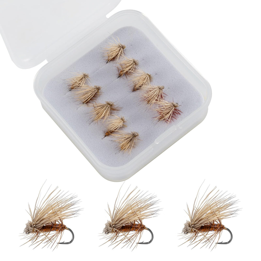 Storage box with 10 size 16 elk hair caddisflies included in the kit
