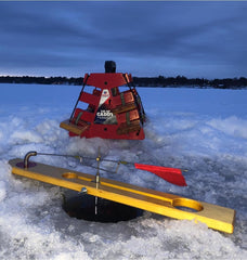 American Made Products LLC Tip Up Caddy blue in-use on ice for fast tip-up handling