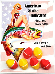 American Strike Indicator Fly Fishing Float 6-pack red and yellow, one-piece design, size 5/8 x 7/8 inch