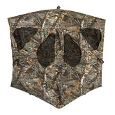Ameristep Silent Brickhouse Ground Blind in Mossy Oak Break-Up blends with terrain for stealthy hunts.