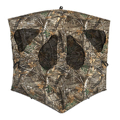 Ameristep Silent Brickhouse Ground Blind in Mossy Oak Break-Up blends with terrain for stealthy hunts.