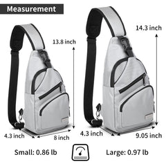 AMJ crossbody sling bag adjustable strap demonstrates customizable fit for front or back wear.