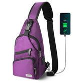 AMJ crossbody sling bag front view shows compact purple design for everyday carry and quick access.