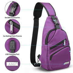 AMJ crossbody sling bag purple multi-pocket organization demonstrates ample storage for phone, wallet, and keys.
