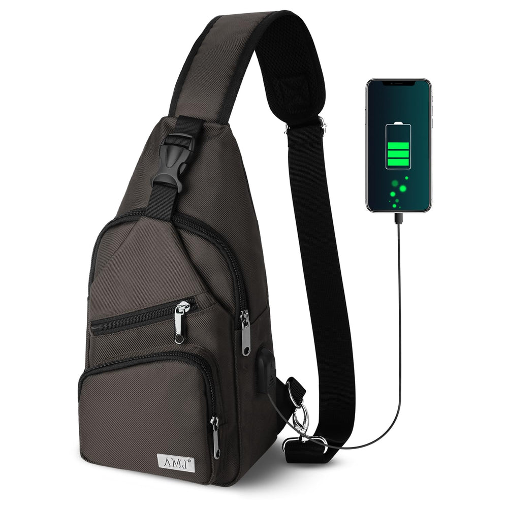 AMJ crossbody sling bag small brown front view, ideal for daily carry organization