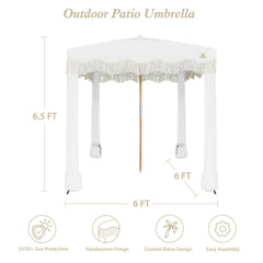 AMMSUN white fringe cabana front view shows elegant canopy for poolside gatherings.