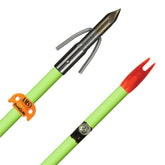 AMS Bowfishing A203-FLO arrow shaft closeup with high visibility green fiberglass for water spotting.