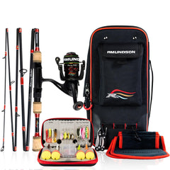 Amundson Savvy Rider Backpacker All-in-One Fishing Combo displayed with its carrying case
