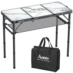 Anbte folding camping table with extended legs showing a sturdy aluminum frame for outdoor use.