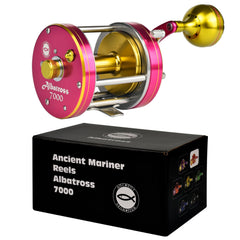 Ancient Mariner Albatross 7000 reel front view shows reinforced aluminum plates for durability.