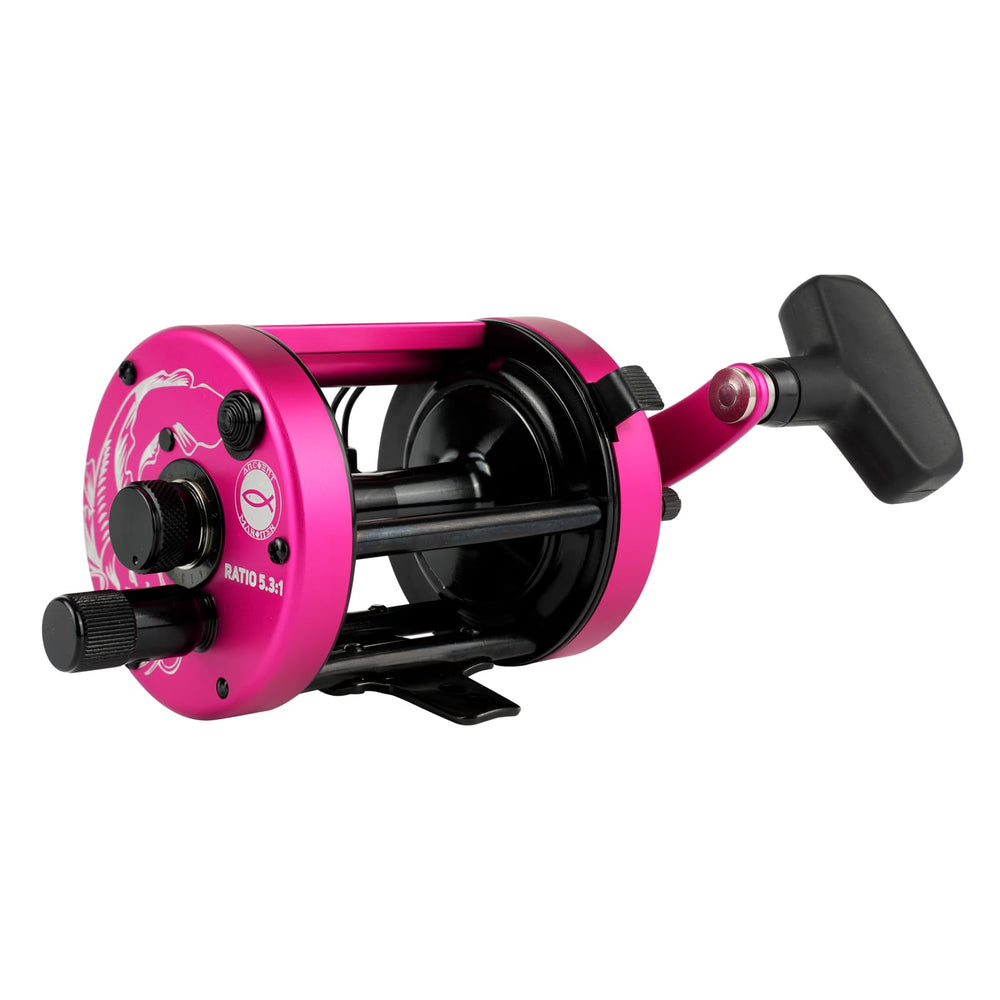 Ancient Mariner GEM reel side view, durable pink finish built for saltwater use.