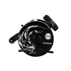 GEM reel spool close-up highlights CNC precision for powerful cranking.