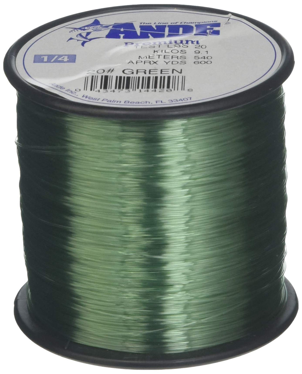 ANDE A14-20G premium monofilament green line on spool, highlighting strong tensile and knot strength.