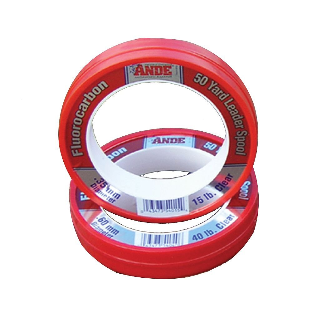 ANDE fluorocarbon leader 50 yd spool; low-visibility line for stealthy fishing presentations.