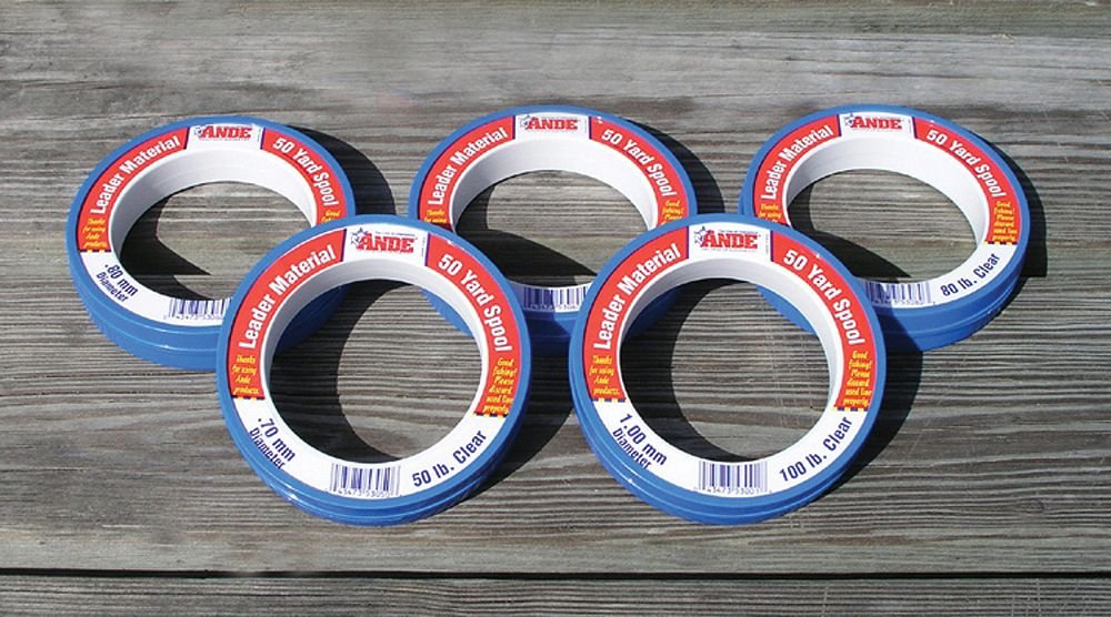 ANDE PCW50-100 mono leader spool in clear, ideal for rigging lures and tying strong leaders.