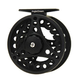 ANGLER DREAM Silver/Black reel front view shows large arbor for fast line retrieval.